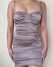 Load image into Gallery viewer, Mila Satin Ruched Dress (Mocha)
